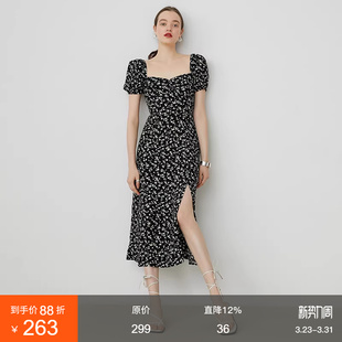 方领碎花连衣裙女黑色显瘦开叉泡泡袖 法式 长裙子 新款 范洛2026夏季