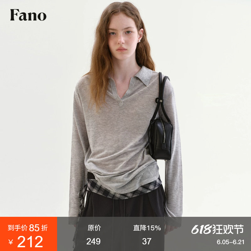 范洛Fano 松弛感POLO领套头针织衫女2026春新款镂空提花长袖上衣