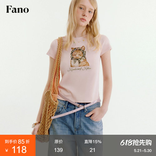 范洛Fano 复古休闲感修身T恤女2026夏季新款小猫印花圆领短袖上衣