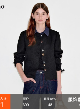 范洛Fano 独特异型扣可拆卸衬衫领假两件拼格小香短外套女上衣春