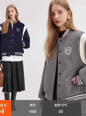 范洛Fano 棒球服外套女冬季复古学院风刺绣减龄毛呢料设计感上衣
