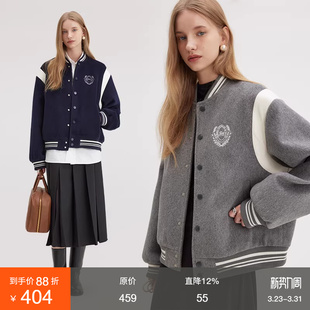 范洛Fano 复古学院风刺绣减龄毛呢料设计感上衣 棒球服外套女冬季