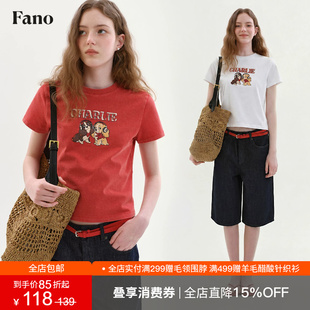 范洛Fano 100棉美式复古童趣风T恤女2026夏新款小狗印花红色上衣