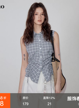 范洛Fano 设计感两侧抽褶无袖格纹上衣女2026夏季新款翻领短款T恤