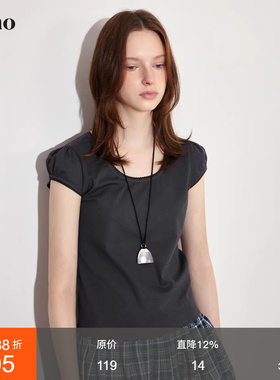 范洛Fano 甜酷风细腻花边拼接大U领泡泡袖T恤女上衣2026夏季新款