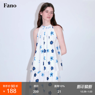 范洛Fano 自然灵动手绘定制花朵印花挂脖削肩褶裥背心吊带女上衣