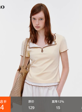 范洛Fano 时髦感撞色翻领假两件柔软莱赛尔密拷边短袖女t恤上衣夏