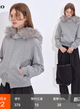 范洛Fano 休闲防风保暖抓绒内里可拆卸毛领连帽分割线卫衣短外套