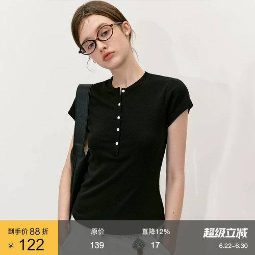 范洛半门襟复古修身百搭短袖T恤
