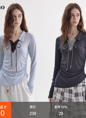 范洛Fano 撞色拼接蝴蝶结系带Polo衫女2026春新款修身显瘦长袖T恤