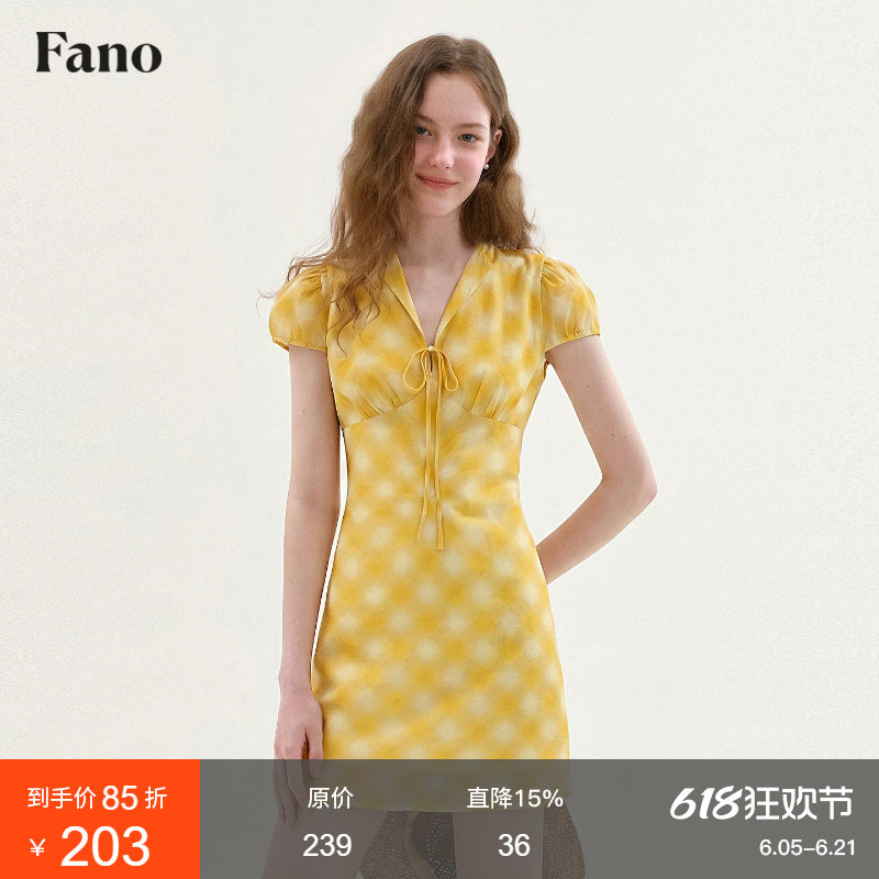 范洛Fano 法式俏皮感格纹连衣裙女2026夏新款V领泡泡袖收腰短裙
