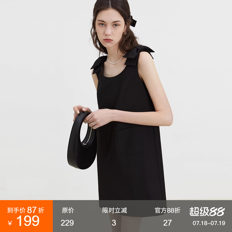 范洛2025夏季新款黑色无袖连衣裙女法式蝴蝶结设计感U领背心裙子