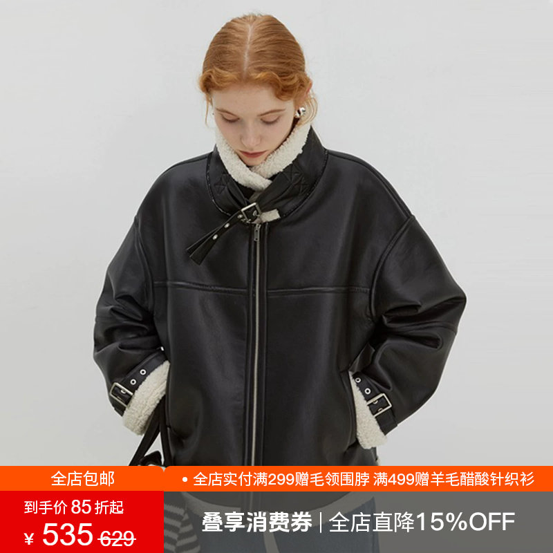 范洛Fano 皮毛一体短外套女加绒加厚冬新款宽松设计感机车服夹克