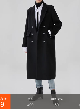 范洛Fano 黑色西装领毛呢大衣女冬季双排扣中长款赫本风呢子外套