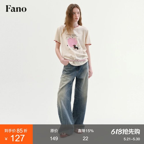范洛Fano 100棉松弛感撞色绣花T恤女2026春新款印花短袖圆领上衣