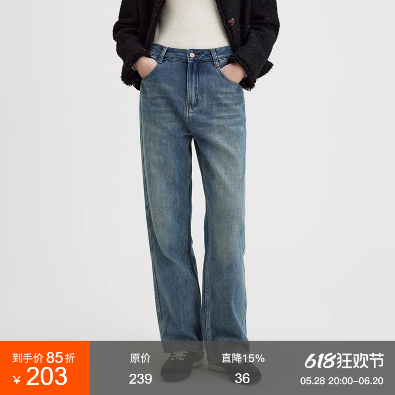 范洛2025秋季新款复古直筒牛仔裤女做旧洗水百搭高腰显瘦气质长裤