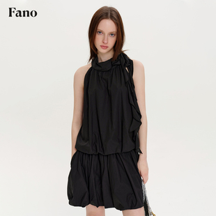 范洛Fano 小众暗夜流光无袖挂脖飘带水母小黑裙女夏连衣裙高级感