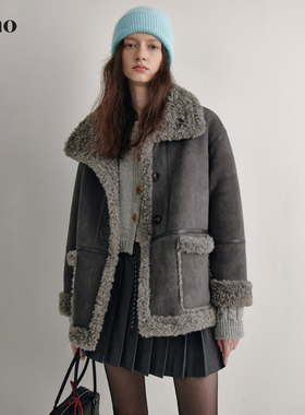 范洛法式复古烟灰色皮毛一体外套女2025冬季新款高级感保暖上衣