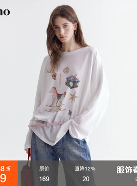 范洛Fano 莱赛尔棉T恤女春季新款松弛慵懒感小马印花宽松圆领上衣