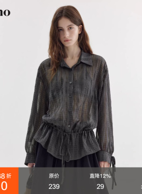 范洛Fano 松弛感撞色格纹衬衫女2026春季新款抽绳宽松落肩袖上衣