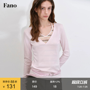 范洛Fano 低饱和减龄色系2026秋日款设计感条纹V领叠穿假两件上衣