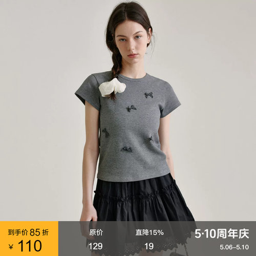 范洛Fano 设计感蝴蝶结拼接圆领短袖T恤2026夏季新款正肩上衣女