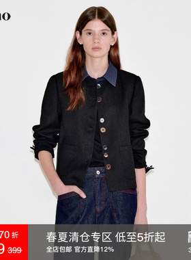 范洛Fano 独特异型扣可拆卸衬衫领假两件拼格小香短外套女上衣春