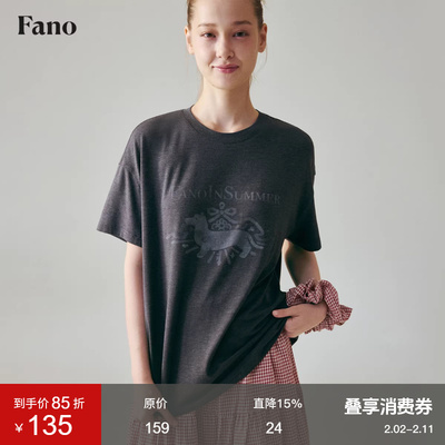 范洛Fano 美式复古舒适做旧腊肠印花oversize短袖女t恤上衣夏季