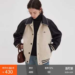 学院风撞色毛呢短外套夹克 通勤复古棒球服女冬季 范洛Fano 美式