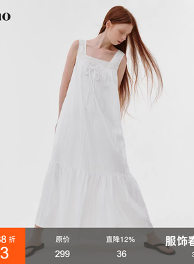 范洛Fano 海边度假风镂空蕾丝拼接方领仙女长裙吊带连衣裙女夏