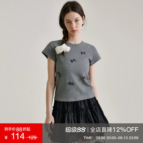 范洛Fano 设计感蝴蝶结拼接圆领短袖T恤2026夏季新款正肩上衣女