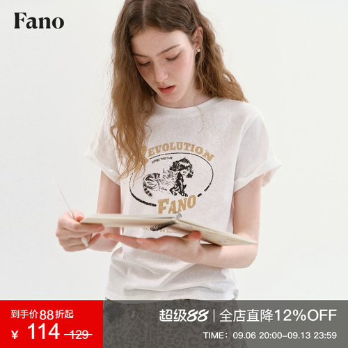 范洛Fano 夏日清爽感宽松撞色T恤女2026新款复古印花圆领短袖上衣