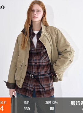 范洛Fano 冬日巴恩风撞色拼接成衣洗褪工艺防风工装夹克棉服女冬