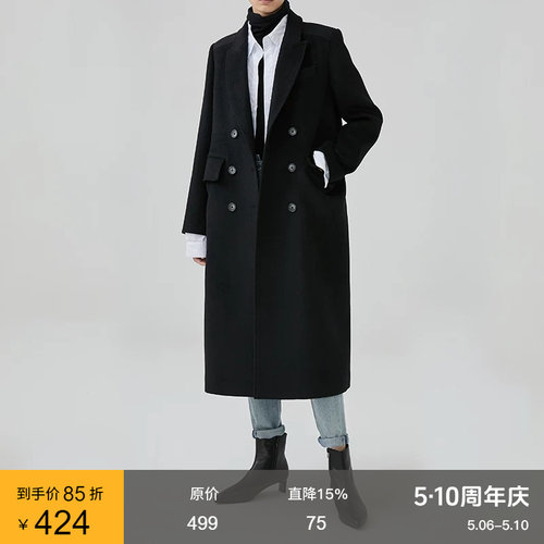 范洛双排扣赫本风呢子大衣外套