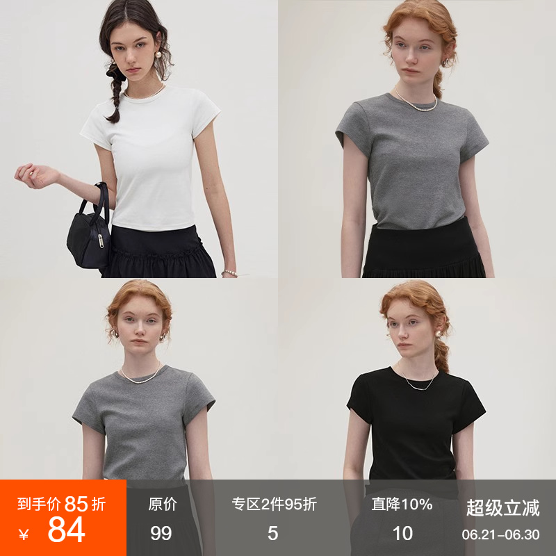 范洛短袖T恤女2025夏新款双面棉纯色修身圆领小飞袖百搭体恤上衣