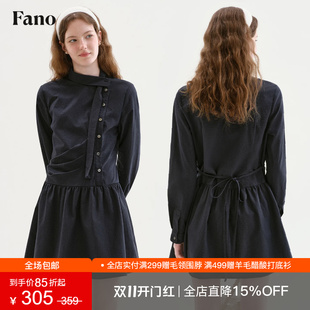 范洛Fano 法式设计感长袖连衣裙女2026秋新款斜扣飘带领收腰短裙