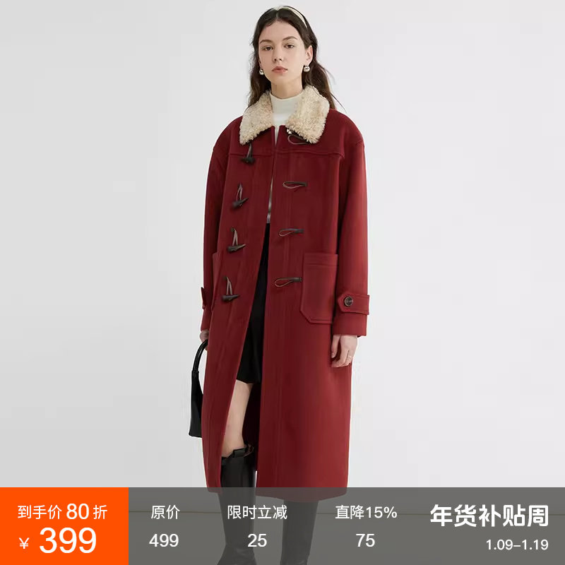 范洛Fano 法式仿羊羔毛牛角扣毛呢大衣女冬季中长款加厚呢子外套