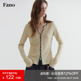 范洛Fano V领高级感格纹撞色T恤2026秋拼接镂空针织修身长袖上衣