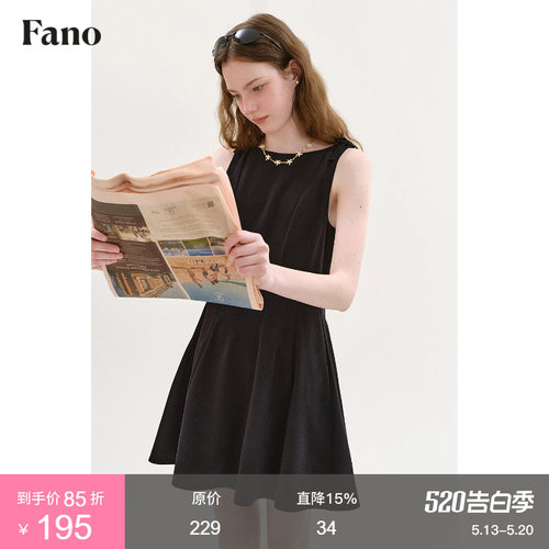 范洛Fano 无袖蝴蝶结A字连衣裙女2026夏季新款黑色收腰圆领波浪裙