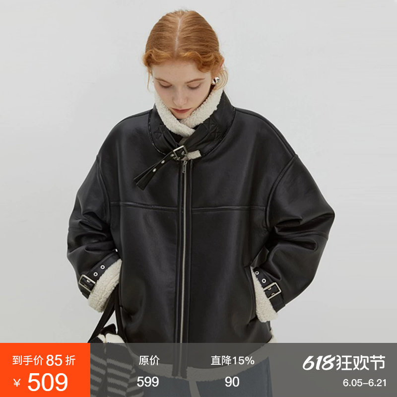 范洛Fano 皮毛一体短外套女加绒加厚冬新款宽松设计感机车服夹克