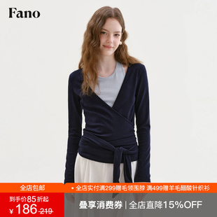 范洛Fano 温柔慵懒感撞色假两件女2026秋新款交叉绑带修身长袖T恤