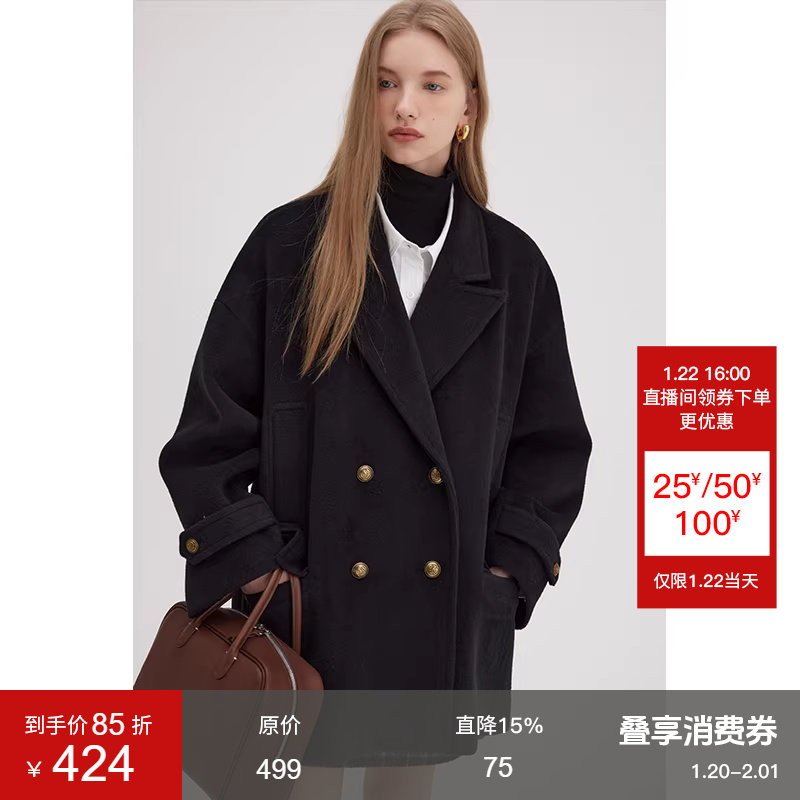 范洛Fano 2025冬季黑色短款赫本毛呢大衣女英伦风双排扣呢子外套,女装/女士精品,毛呢外套,淘宝优惠券,粉丝福利购,淘宝优惠卷