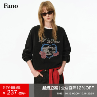 范洛Fano 100棉慵懒街头风复古印花卫衣女2026秋新款圆领落肩上衣