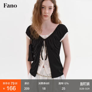 泡泡短袖 范洛Fano 新款 慵懒感撞色假两件女2026春季 蕾丝上衣 法式