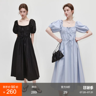 范洛大方领泡泡袖 甜美气质显瘦系带收腰长裙 连衣裙2025新款 女夏季