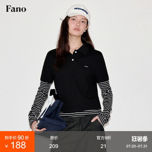 范洛Fano miu系风复古条纹拼接假两件polo长袖 t恤女上衣2025新款