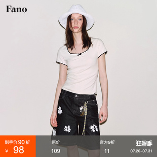 范洛Fano 时髦简约撞色窄花边小蝴蝶结方领正肩短袖 t恤女上衣夏季