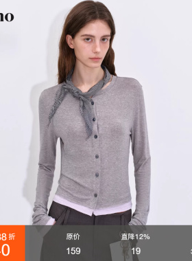 范洛Fano 莱赛尔亚麻混纺长袖T春新款撞色假两件气质修身短款开衫