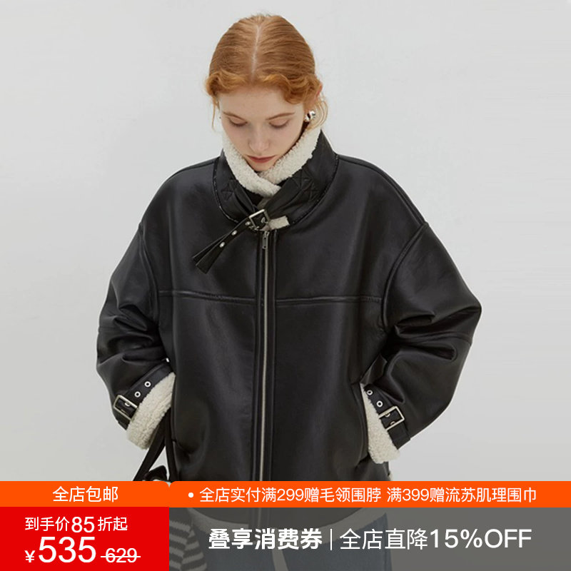 范洛Fano 皮毛一体短外套女加绒加厚冬新款宽松设计感机车服夹克