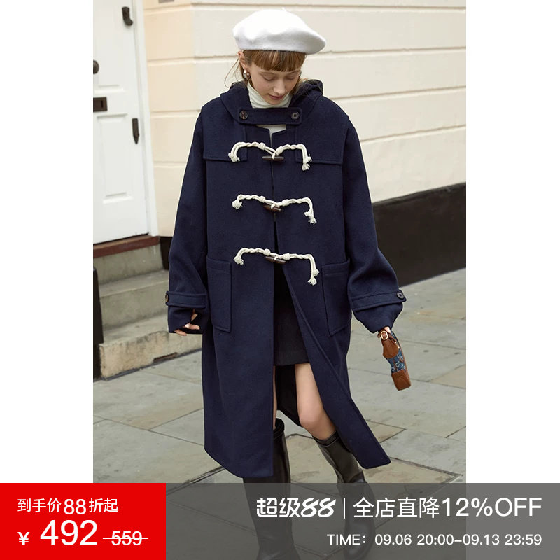 范洛Fano 连帽牛角扣毛呢大衣女2025冬学院风中长款宽松呢子外套
